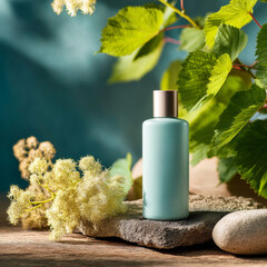 Elegant light green cosmetic bottle with gold cap rests on natural stone surrounded by lush foliage and soft bloom in serene outdoor setting