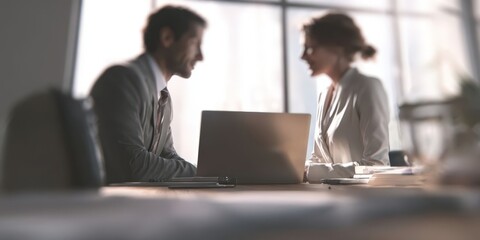 Business Meeting with Office Documents, Laptop, and Team Collaboration