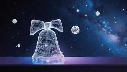 3D wireframe bell against a cosmic backdrop