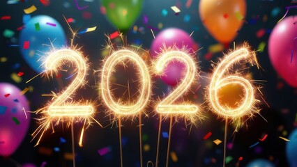 2026 new year celebration with balloons and confetti