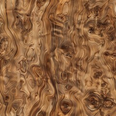 Highly detailed natural wood veneer texture featuring swirling brown grain and distinct burls creates organic abstract background pattern.