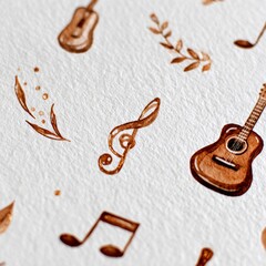 Close-up watercolor illustration featuring various musical symbols and small acoustic guitar shapes on textured white paper background