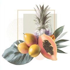 Vibrant tropical fruit arrangement featuring ripe mango, passion fruit, sliced papaya, and stylized pineapple with botanical accents