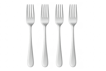 Four metal dining forks clean transparent background
