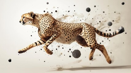 A cheetah in mid-flight, its form defined by geometric shapes and speckled with abstract elements