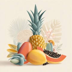 Tropical fruit arrangement featuring pineapple, mango, papaya, and cashew presented with stylized botanical elements on muted background