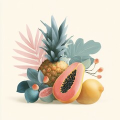 Stylized arrangement of tropical fruit including pineapple, papaya, lemon, and citrus slice with pastel foliage background