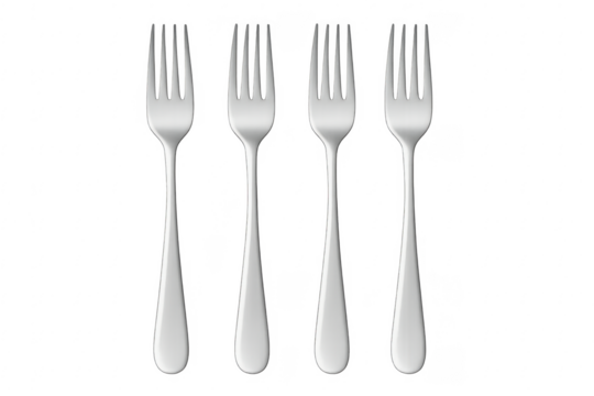 Four metal dining forks clean transparent background