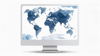 A computer monitor displays a polygonal world map