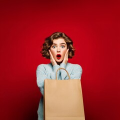 Surprised young woman in light blue sweater holding brown paper shopping bag against vibrant red background expresses shock