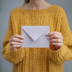 Woman wearing warm yellow knit sweater holds pale purple envelope presenting postal correspondence or invitation