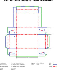 Folding Paper Shoe Box Packaging Dieline Template with Bleed, Trim, and Crease Marks
