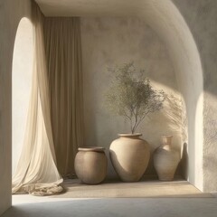 Serene interior scene featuring three earthen amphorae with small foliage set near an arched window draped with sheer beige fabric.