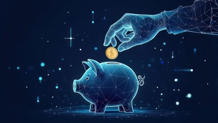 A digital hand, composed of interconnected lines, deposits a coin into a polygonal piggy bank against a dark blue backdrop speckled with glowing dots and lines