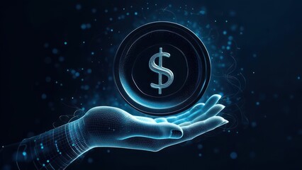 A digital hand, glowing with a blue light, holds a 3D dollar coin