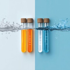 Four laboratory test tubes with colorful liquid partially submerged beneath splashing water surface on divided background