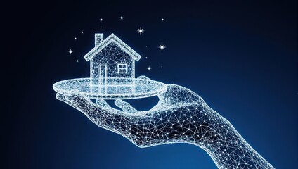 A digital hand holds a stylized house, resembling a polygonal model, with glowing points forming the shape