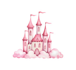 Fototapeta premium Pink princess castle watercolor illustration for baby nursery decor. Fantasy castle watercolor print for girl birthday theme.