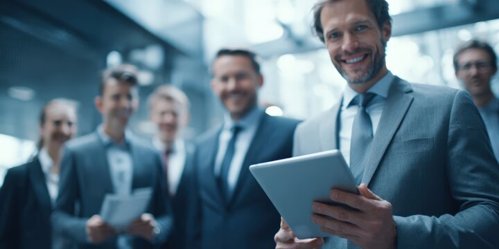 Business Team Collaborating with Tablet and Financial Report in Office