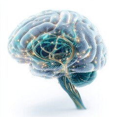 Illuminated neural network visualization highlights intricate connectivity and electrical impulses within human brain structure against stark white background.