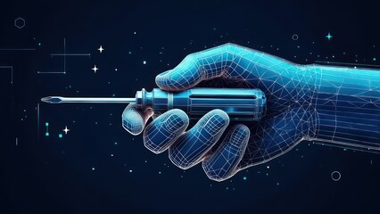 A digital hand, wire-frame style, holds a screwdriver.  Abstract, futuristic, technology-driven image.  The 
