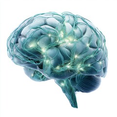 Glowing neural network visualization overlaying abstract human brain anatomy against white background symbolizing thought and cognition
