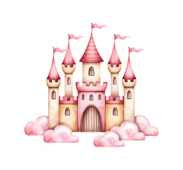  Pink princess castle watercolor illustration for baby nursery decor. Fantasy castle watercolor print for girl birthday theme. © Songrami