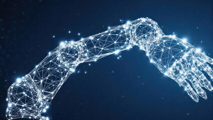 A digital illustration of an arm, structured as interconnected points and lines, glowing with white light against a dark blue background dotted with small lights