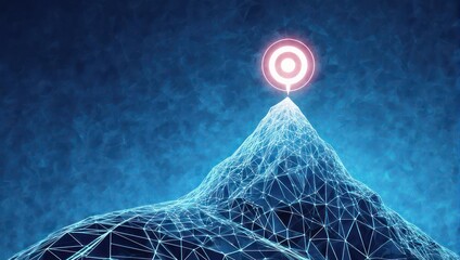 A digital mountain peak, outlined by a network of lines, culminates in a glowing target