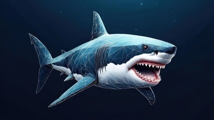 A digitally rendered great white shark, outlined with a wireframe