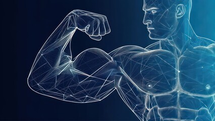 A digitally rendered muscular physique, with a bicep flex.  The form is outlined by a network of connecting lines, giving a transparent, almost skeletal, effect