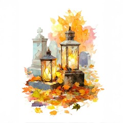 Watercolor illustration depicts glowing lanterns resting on gravestones amidst scattering bright orange autumn foliage.