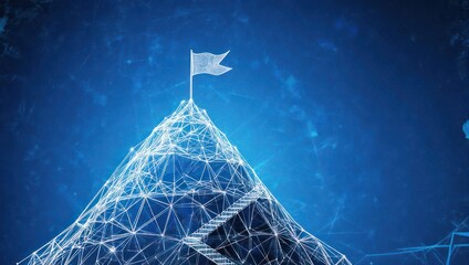 A digitally rendered mountain peak, with a flag atop, and a network of connecting lines