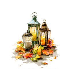 Watercolor illustration depicts group of antique lanterns casting warm glow among vibrant scattered autumn foliage on neutral ground.