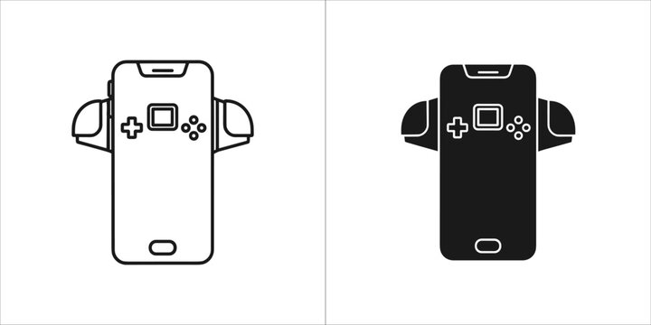 Line art and solid black icon of a smartphone with gaming controllers attached