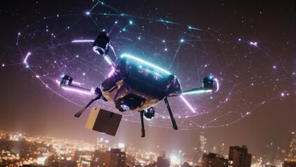 A drone carrying a package hovers above a city at night, surrounded by glowing network connections