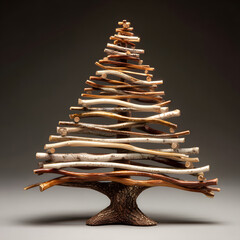 Rustic miniature Christmas tree sculpture crafted from assorted natural wood branches atop textured trunk base against dark background