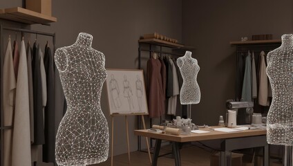 A fashion studio interior with digital mannequins.  Clothed displays, design sketches, and sewing tools are visible