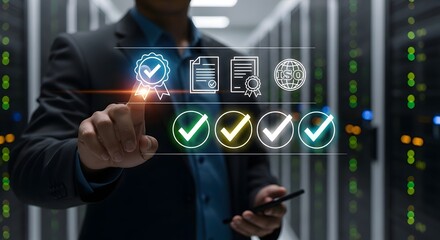 Businessman touching a digital interface with icons representing quality assurance, certification, and compliance in a server room