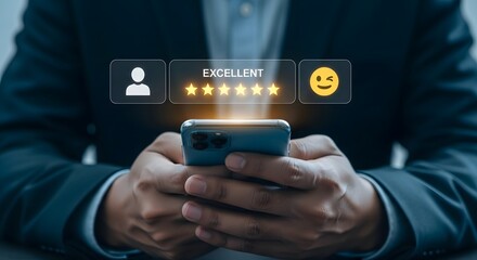 Customer satisfaction survey with a person using a smartphone to give a fivestar rating and positive feedback, symbolizing excellent service and user experience