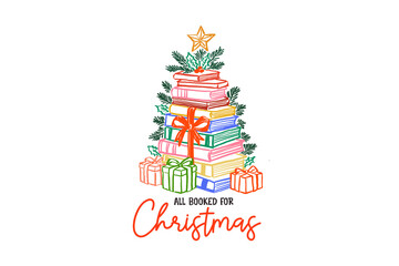 All Booked for Christmas, Christmas Tree Made of Books Funny Christmas Bookish Hand-Drawn Sublimation Design