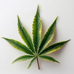 Single seven-fingered cannabis leaf displays distinct variegation with green and yellow coloration against plain white background