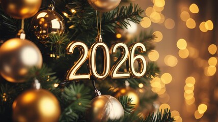 Golden 2026 numbers ornament hanging on a decorated christmas tree with bokeh lights background