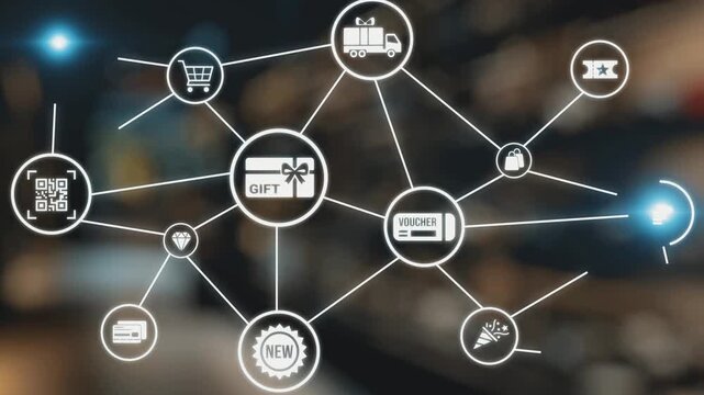 Digital gift card icons show e-commerce, payment, and digital gift card redemption. Digital gift card supports online shopping, secure payment, and customer loyalty programs. Gist