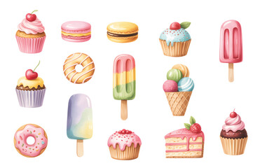 Watercolor sweet dessert set with cupcakes, donuts, and ice cream for kids birthday decor.