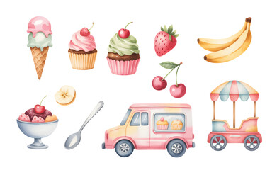 Watercolor ice cream and cupcake dessert truck illustration for kids birthday decor. 