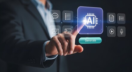 Businessman touching a glowing ai icon on a futuristic interface, representing artificial intelligence and technology advancement