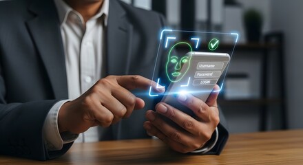 Man using smartphone with facial recognition technology for security and identification purposes, biometric scan on screen