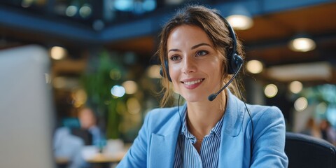 Businesswoman Using Computer in Call Center for Sales and Customer Support