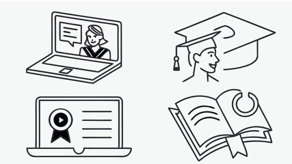 Minimalist online learning icons showing laptop, graduation cap, book, and video tutorial symbols. Modern vector line art.